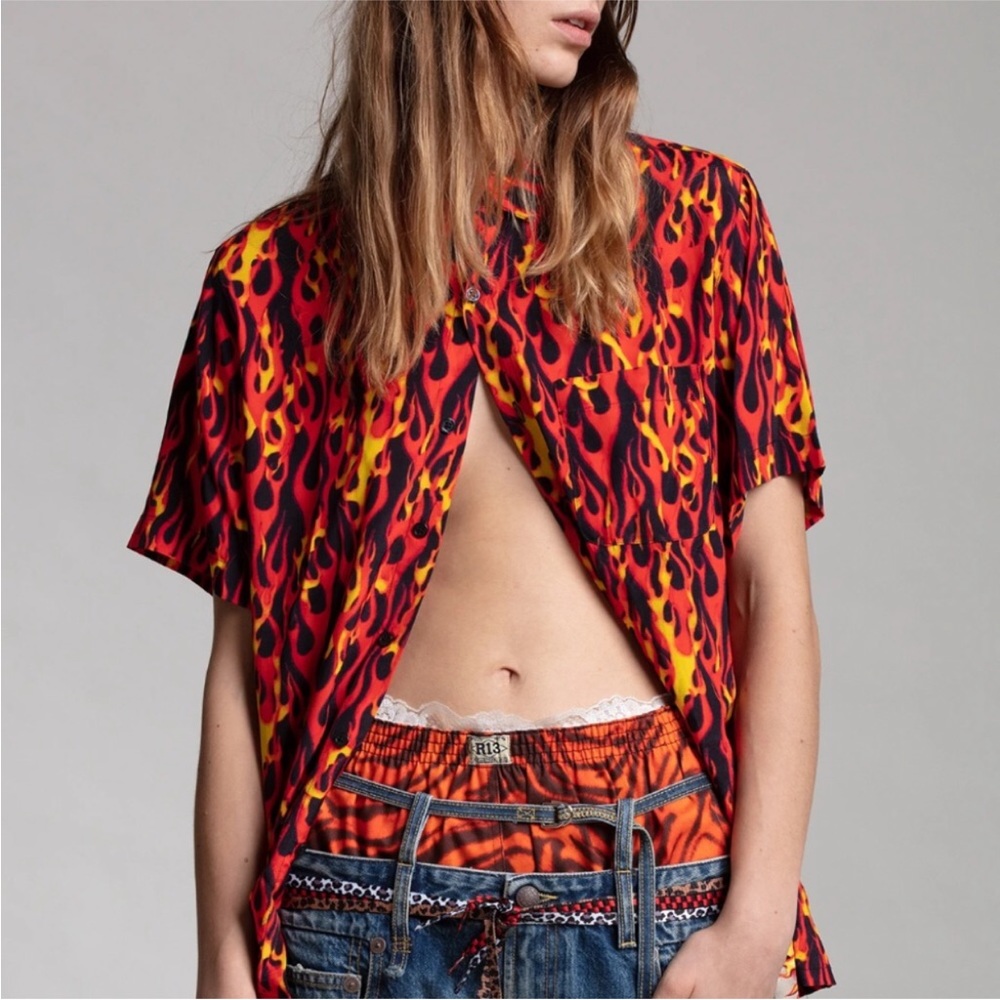 R13 Red Flame Tony Short Sleeve Shirt Fire Flames Red Orange Guy Fieri Unisex M